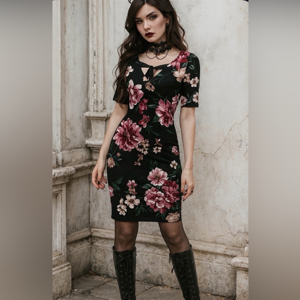 NEW Black Floral Romantic Bodycon Dress Women’s Size 6 Y2K